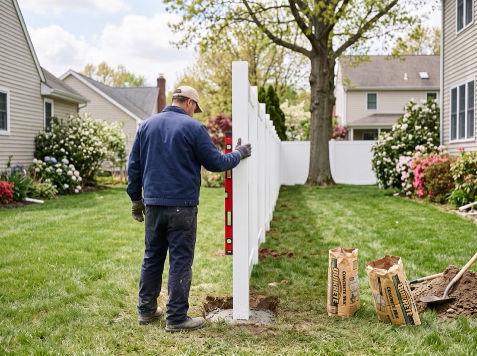 Setting a white vinyl fence post